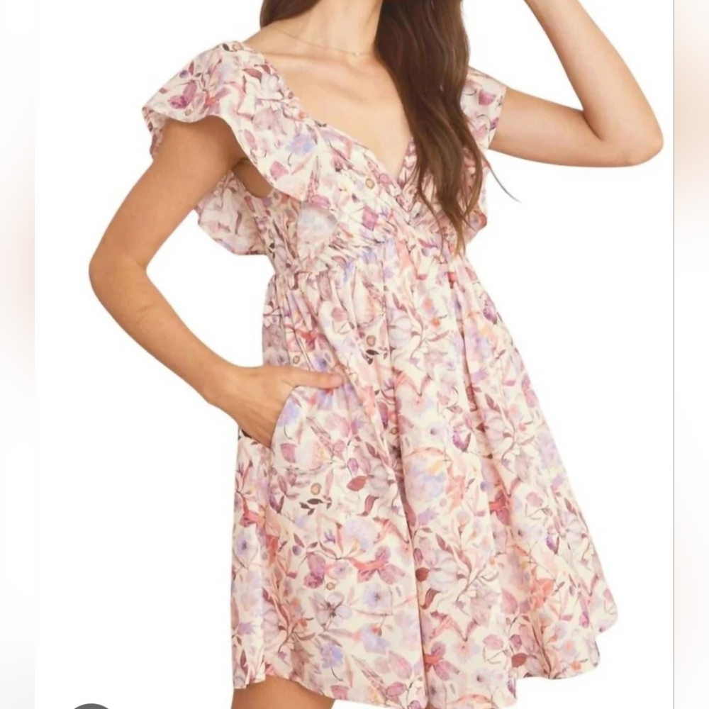 Entro Baby Doll Floral Ruffle Sleeve Dress Pink Purple Pockets Party Shower M-L